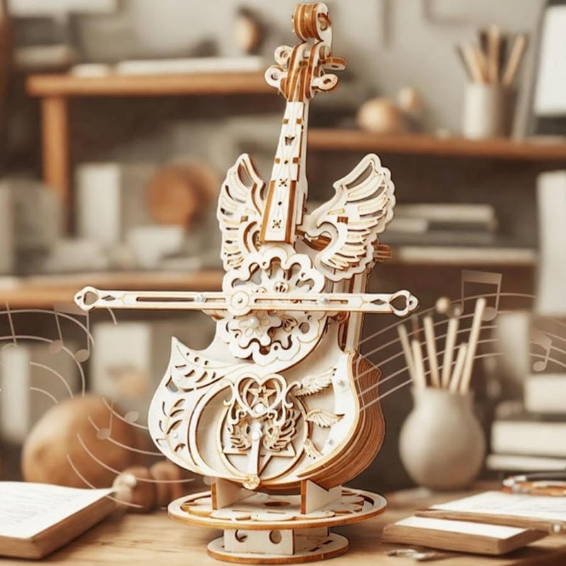 موسيقى التشيلو صندوق الموسيقى ثلاثي الأبعاد لغز خشبي DIY مجموعة بناء مع جناح للكبار هدية عيد الميلاد - Image 4